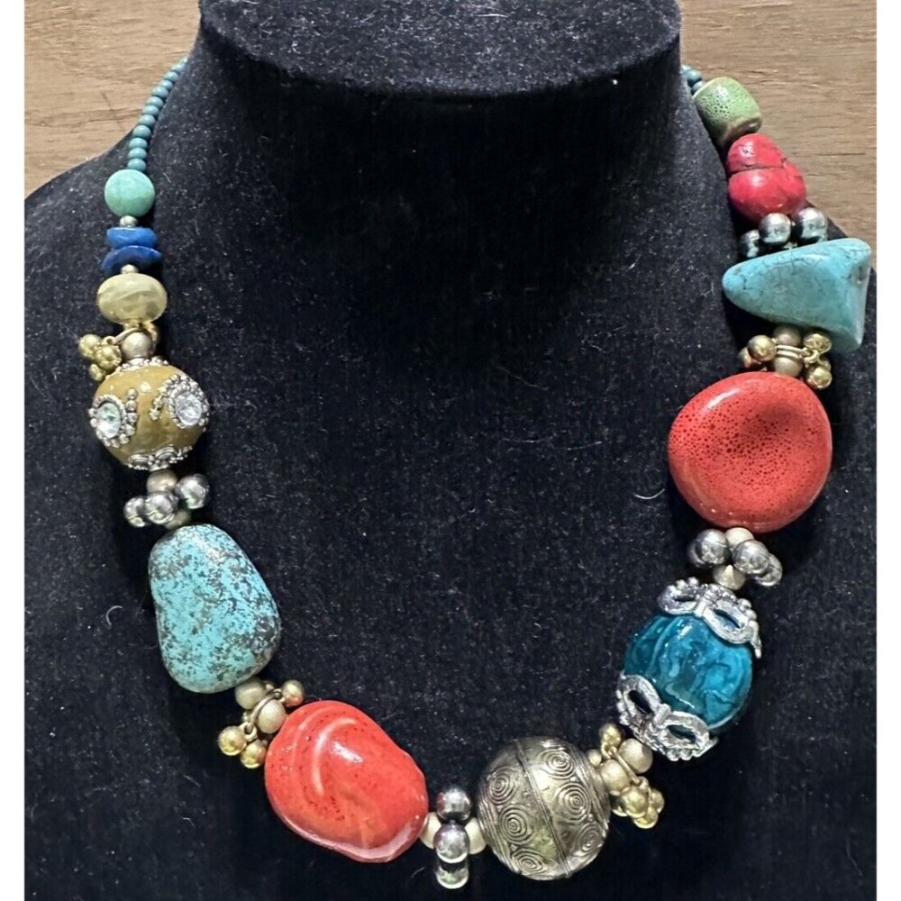 24” chunky statement beaded necklace Faux Turquoise/ Jasper Rhinestone